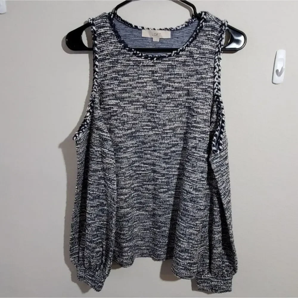 Loft blue and white bookcase bolce cold shoulder‎ sweater size medium